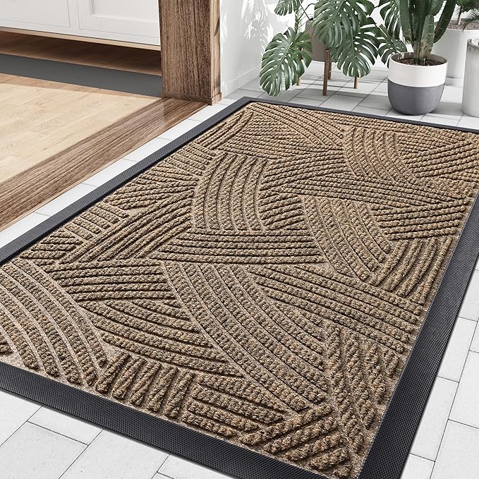 Smiry Front Door Mat Outside Entrance, Heavy Duty Sturdy Natural Rubber Doormat, Trap Dirt and Moisture, Easy Clean Low Profile Mats for Indoor Outdoor Entry, Interwoven Stripes (36x24, Brown)
