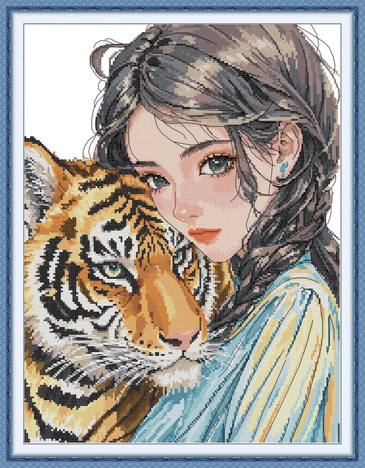 Threadhaven Cross-Stitch Kit 14CT Aida Counted Embroidery Complete Set with Fabric, Threads, Needles & Chart-Premium Beautiful Girls Design for Adults & Beginners- Girl with Tiger 14.5''×18.5''