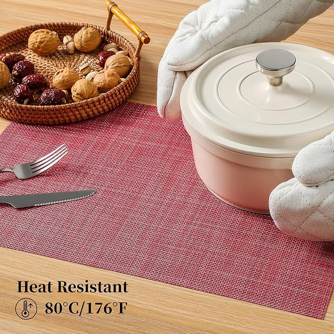 Leetaltree Red Placemats Set of 6 - Heat Resistant Non-Slip Place mats for Dining Table, Washable Durable PVC Vinyl Woven Table Mats