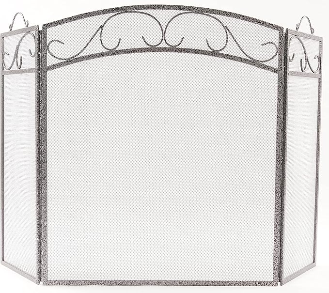 Fire Beauty Fireplace Screen 3 Panel with Handles Wrought Iron 51"(L) x31(H) Spark Guard Cover(Pewter)