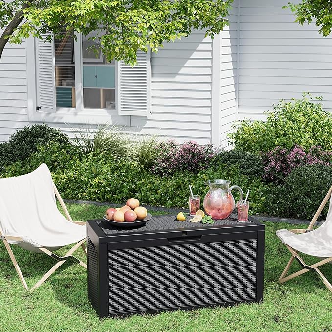 Outdoor Storage Box, Resin Deck Boxes Indoor and outdoor, Waterproof Storage Box Lockable Lid (Black, 60 Gallon)