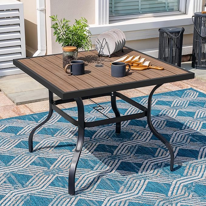 NUU GARDEN Outdoor 37” Square Metal Dining Table, Patio Dining Table with Umbrella Hole, Powder-Coated Metal Table with Faux Wood Tabletop, for Patio, Garden, Backyard and Balcony, Black