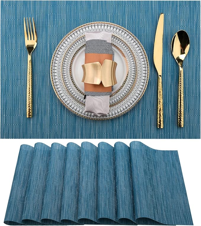 SLKQG Vinyl Placemats Set of 8 - Washable Easy Clean Place Mats - Heat Resistant PVC Table Placemats - Table Mats for Dining Table 17x12 Inch (Sky Blue Turquoise, 8)