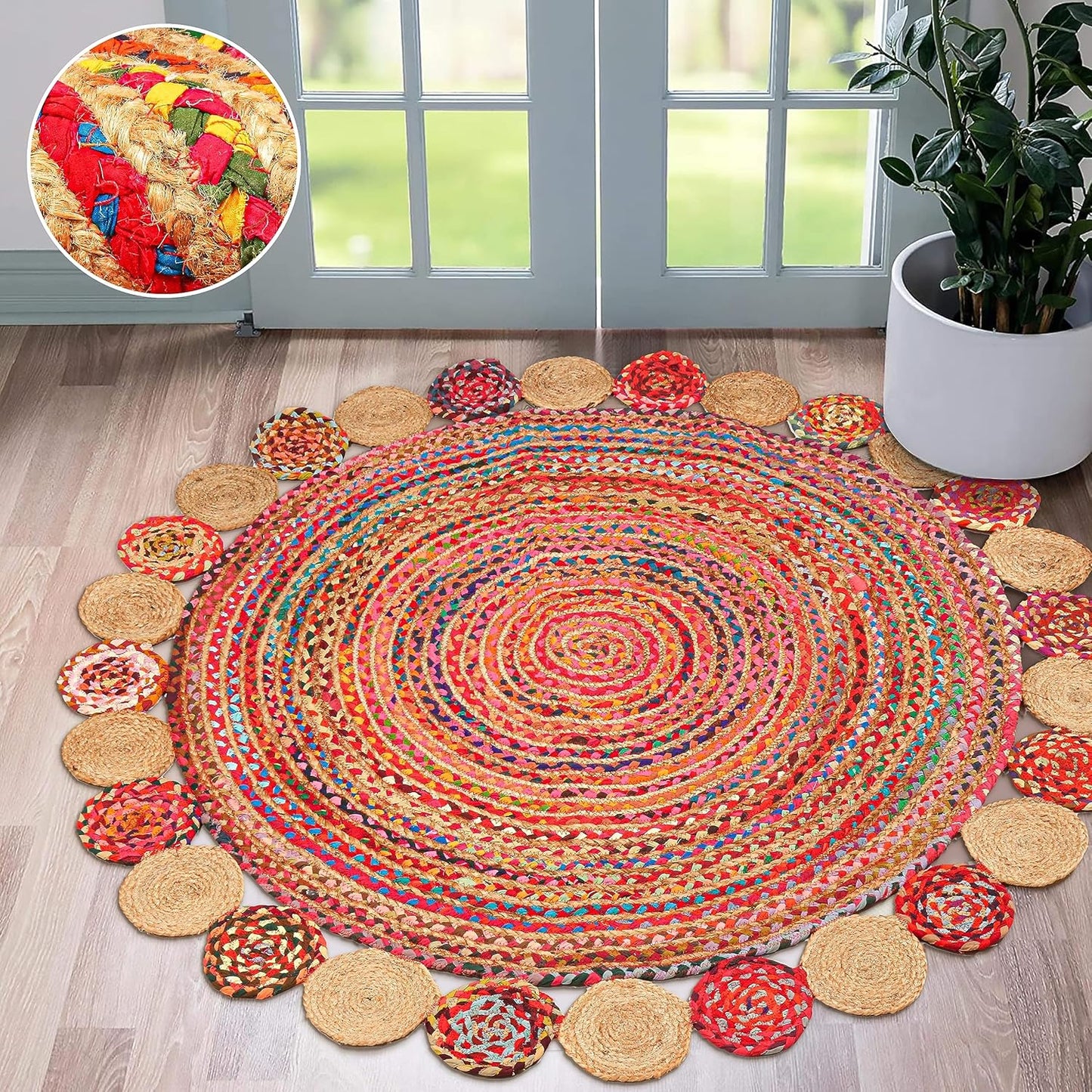 6' Round Handwoven Jute Chindi Area Rug - Colorful Boho Rugs for Living Room - Hand Braided Multicolor Bohemian Rug for Farmhouse, Bedroom, Dining Room, Classroom, Hallway, Kitchen, Office
