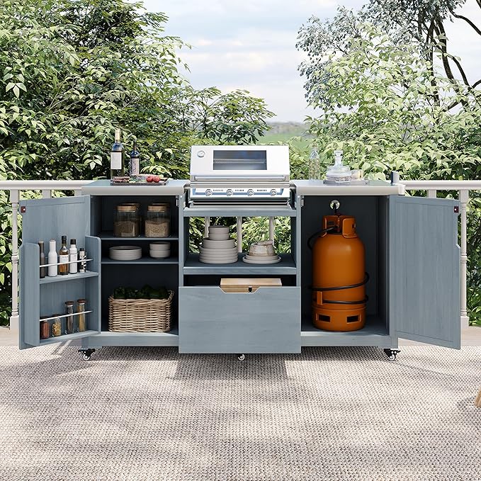 66.5" Outdoor Kitchen Island with Stainless Steel Top for Big Green Egg, Rolling Grill Cart with Adjustable Shelves, Lockable Wheels, Outdoor Table and Bar Storage Cabinet for Patio