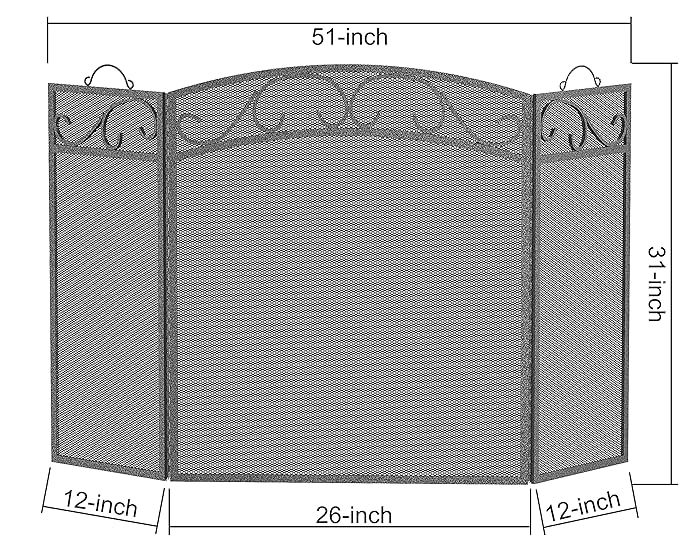 Fire Beauty Fireplace Screen 3 Panel with Handles Wrought Iron 51"(L) x31(H) Spark Guard Cover(Pewter)