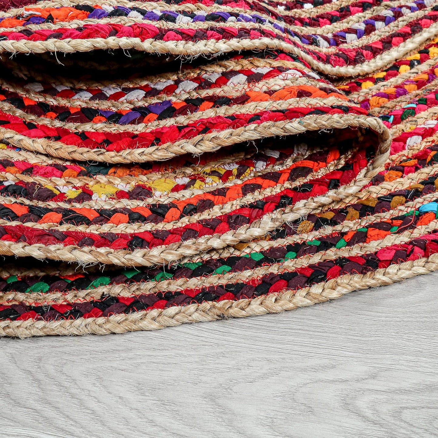 9' Round Handwoven Jute Chindi Area Rug - Colorful Boho Rugs for Living Room - Hand Braided Multicolor Bohemian Rug for Farmhouse, Bedroom, Dining Room, Classroom, Hallway, Kitchen, Office