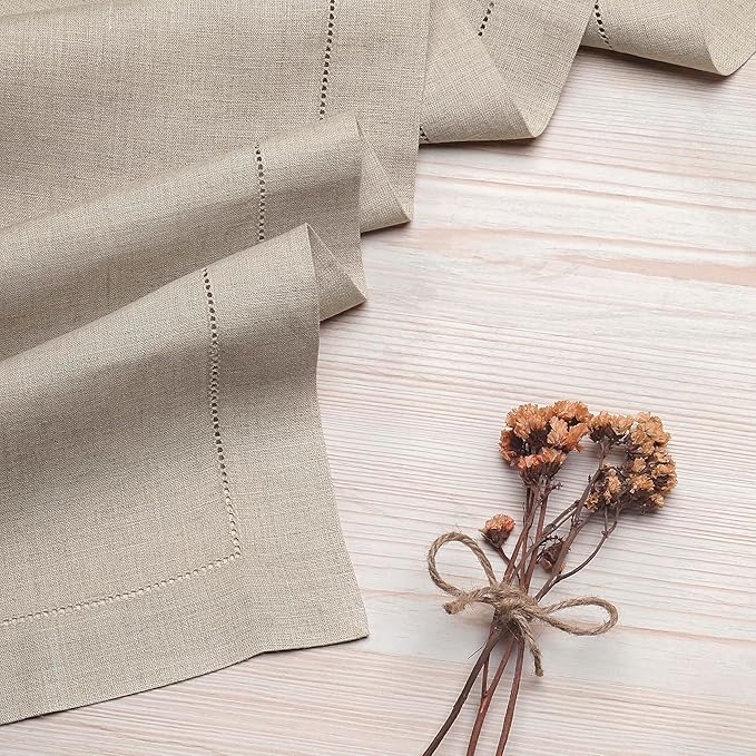 D'Moksha Homes Linen Natural Table Runner 132 Inches Long - 100% Pure Linen Extra Long Table Runner 14 x 132 Inch for Valentines, Spring, Easter - Classic Hemstitch