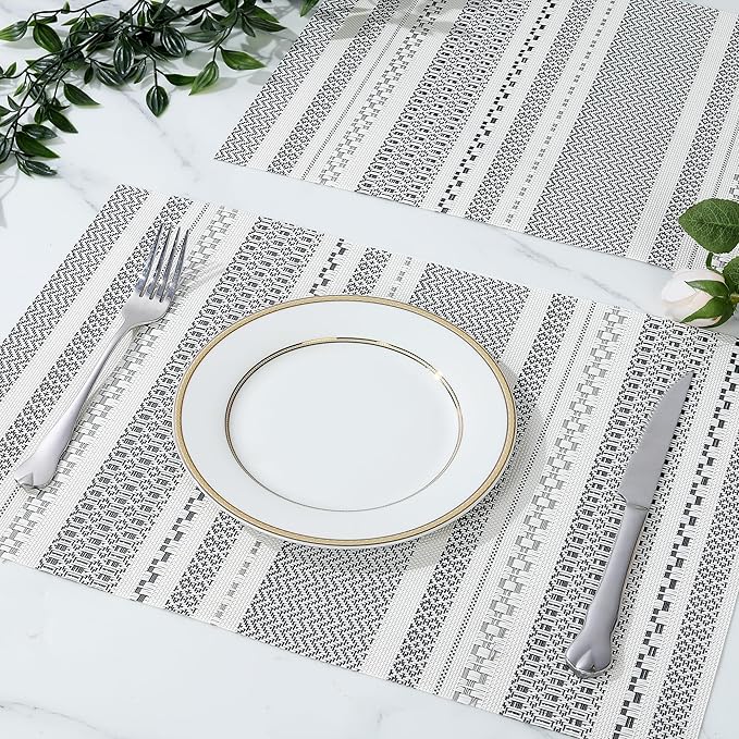 fanquare Sliver Striped Placemats 6 Pack Nordic Style Washable Place Mats Vinyl Woven Heat-Resistant Kitchen Table Mats Indoor & Outdoor Use Table Mat