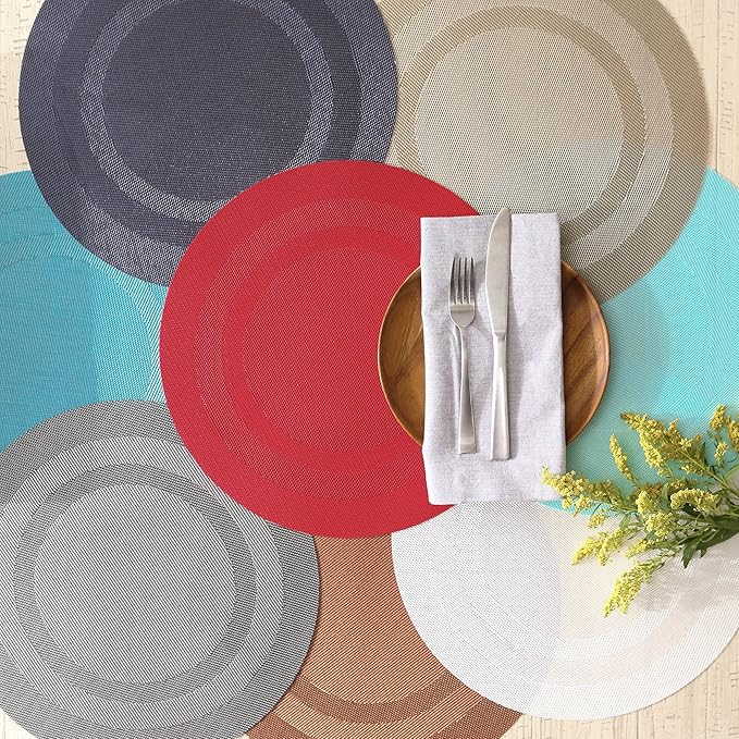 DII PVC Tabletop Collection Woven Indoor/Outdoor, Round Placemat Set, 13.75", Stonewash Blue, 6 Piece