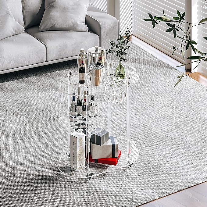 Dethan Acrylic Bar Cart with 4 Lockable Wheels, Clear 3-Tier Rolling Serving Cart with Glass Holder, Oval Modern Home Beverage for Kitchen, Dining Living Room, Space-Saving, 15" D x 23.6" W x 32.3" H