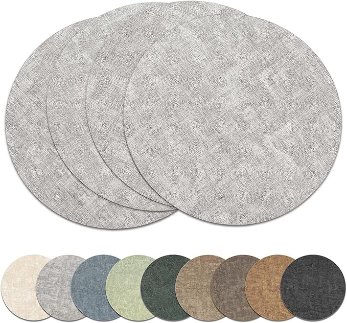 13" Round Placemats Set of 4, Reversible Faux Leather Heat Resistant Table Mats, Waterproof Oilproof Wipeable Table Protective Placemats for Vinyl, Washable for Indoor & Outdoor Use (4, Light Grey)