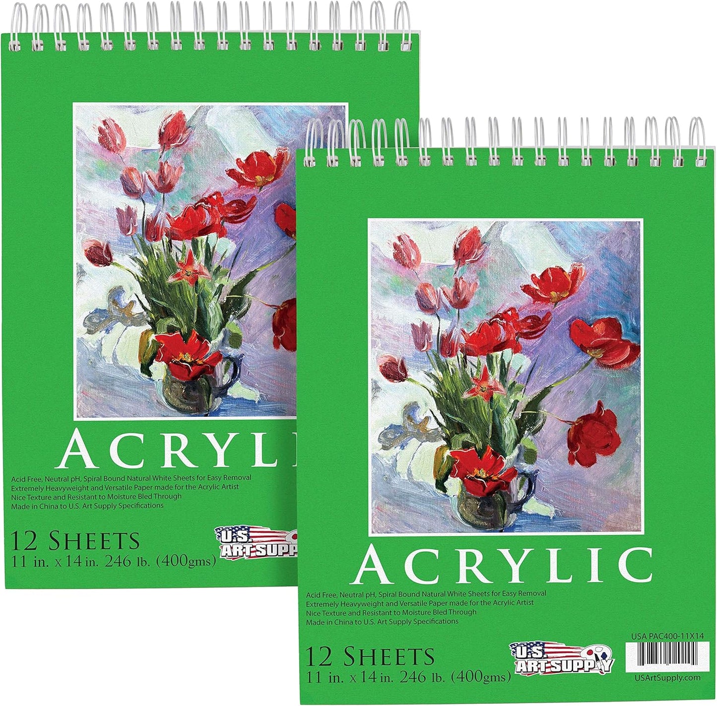 U.S. Art Supply 9x12 Premium Heavy-Weight Acrylic Painting Paper Pad, 246lb (400gsm), 2 Pack, 12 Sheets, Spiral Bound, for Acrylic Paint