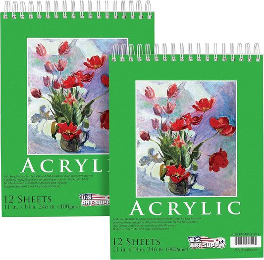 U.S. Art Supply 9x12 Premium Heavy-Weight Acrylic Painting Paper Pad, 246lb (400gsm), 2 Pack, 12 Sheets, Spiral Bound, for Acrylic Paint