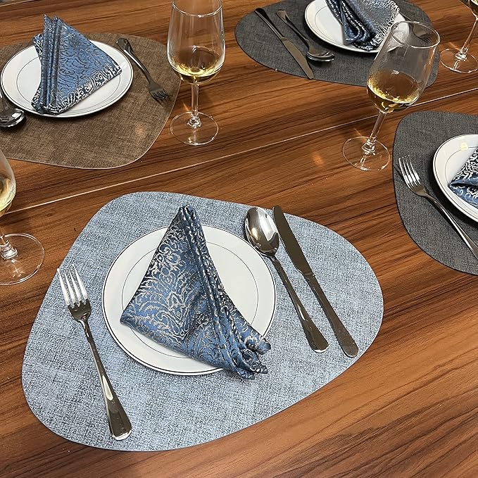 WAZAIGUR Washable Wipeable Waterproof Heat Resistant Faux Leather Placemats Set of 6,PU Palce Mats for Indoor and Outdoor,Easy to Clean Table Mats,Blue-Grey