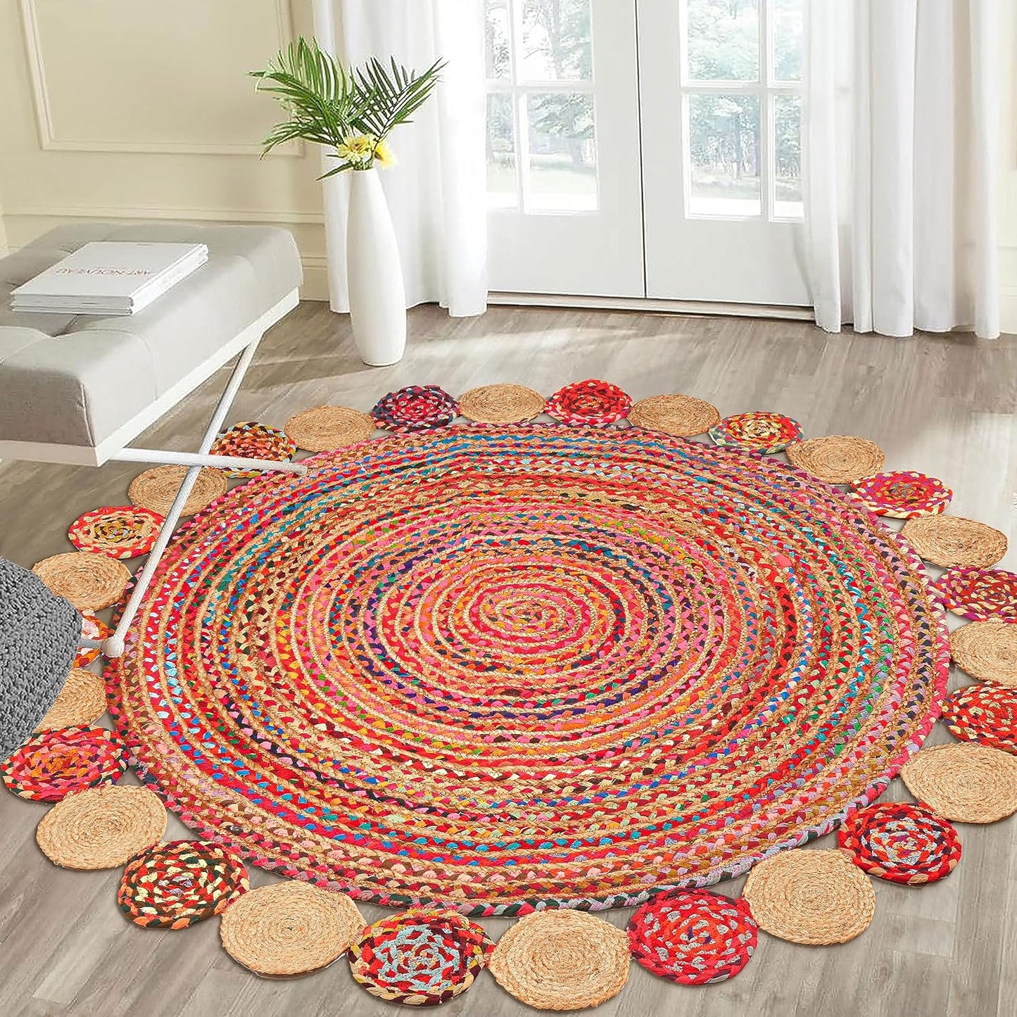 6' Round Handwoven Jute Chindi Area Rug - Colorful Boho Rugs for Living Room - Hand Braided Multicolor Bohemian Rug for Farmhouse, Bedroom, Dining Room, Classroom, Hallway, Kitchen, Office