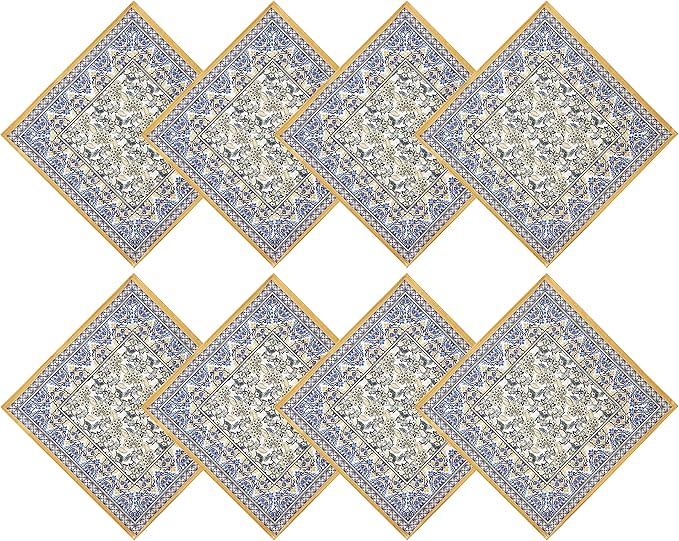 Home Bargains Plus Rectangle Fabric Napkins, Set of 8 Napkins, Allure Yellow and Blue Floral Bordered Print, Indoor Outdoor Stain and Water Resistant Napkins, Provence French Country