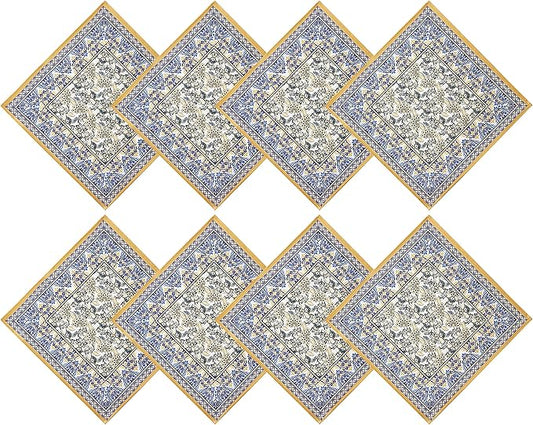 Home Bargains Plus Rectangle Fabric Napkins, Set of 8 Napkins, Allure Yellow and Blue Floral Bordered Print, Indoor Outdoor Stain and Water Resistant Napkins, Provence French Country
