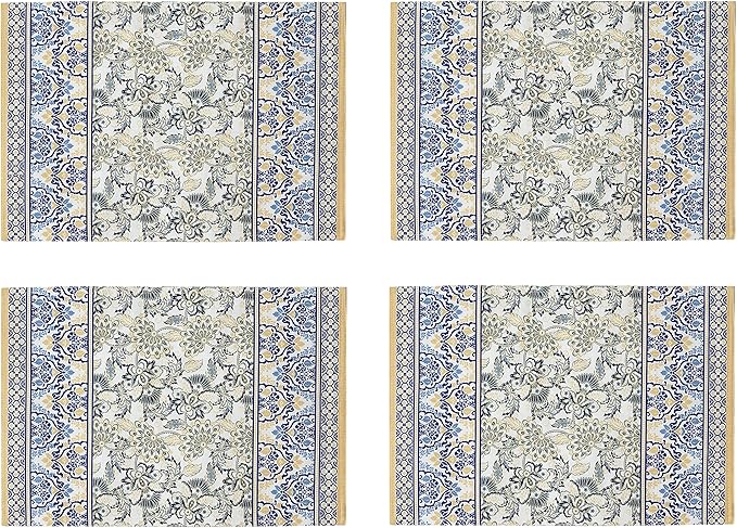 Home Bargains Plus Rectangle Fabric Table Runner, 70 Inch Long, Allure Yellow and Blue Floral Bordered Print, Indoor Outdoor Stain and Water Resistant Table Runner, Provence French Country