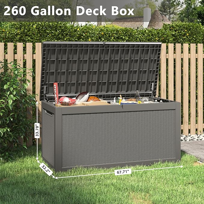 260 Gallon Large Resin deck box Waterproof,Outdoor Storage Bench,Patio Storage Box,Garden Tool Storage,Resin Large Sturdy Deck boxes with Double Wall Panels,Rattan Gray