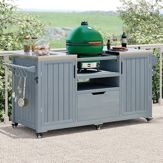 66.5" Outdoor Kitchen Island with Stainless Steel Top for Big Green Egg, Rolling Grill Cart with Adjustable Shelves, Lockable Wheels, Outdoor Table and Bar Storage Cabinet for Patio