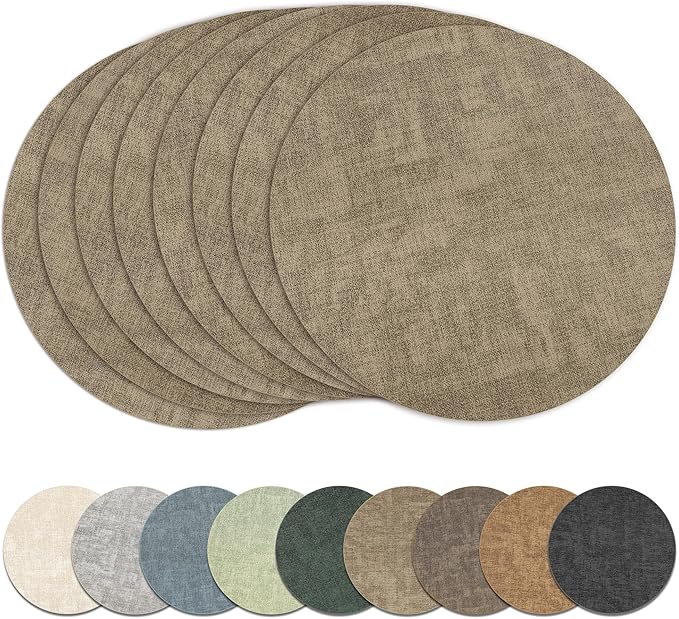 13" Round Placemats Set of 8, Reversible Faux Leather Heat Resistant Table Mats, Waterproof Oilproof Wipeable Table Protective Placemats for Vinyl, Washable for Indoor & Outdoor Use (8, Light Coffee)