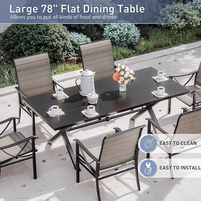 Kurapika 7-Piece Patio Dining Set, Patio Furniture Set for 6, Outdoor Large Metal Table with Umbrella Hole and Textilene Chairs, for Garden, Deck, Porch, Pool All Weather, Brown