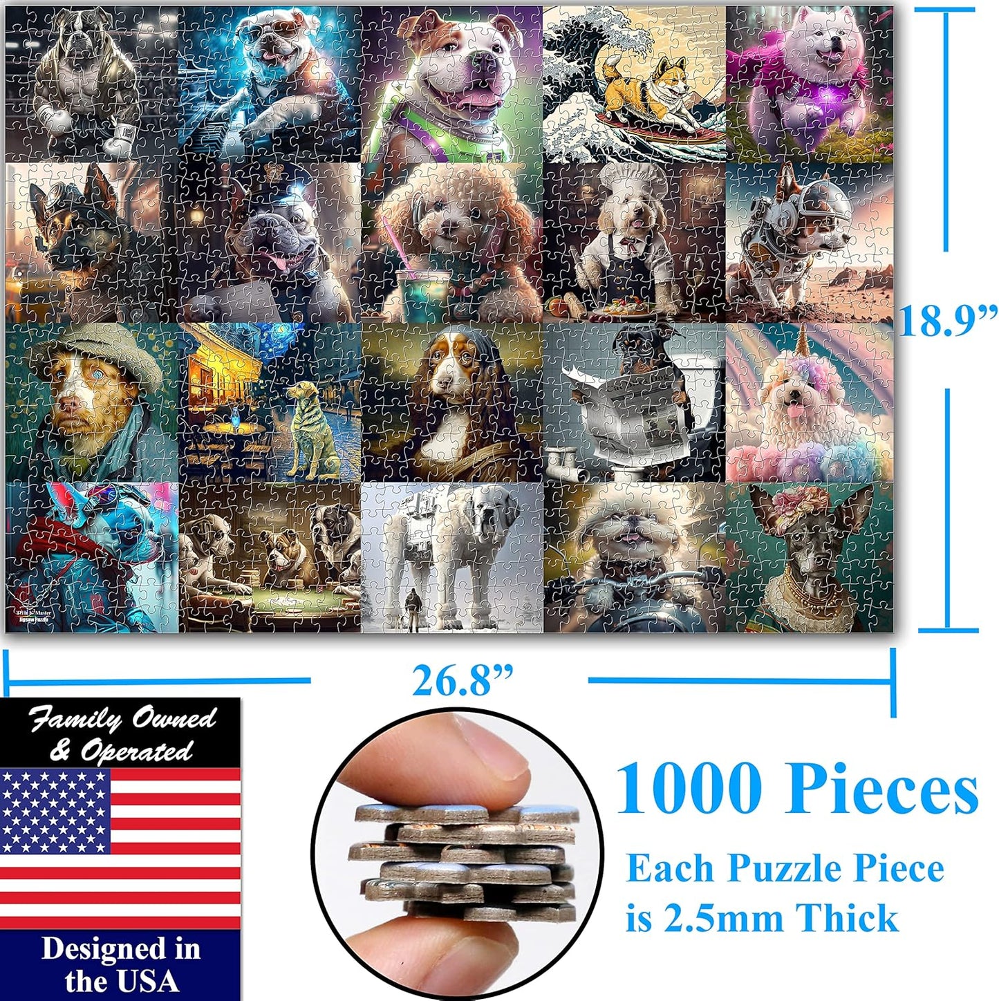 Think2Master Funny Dogs 1000 Pieces Jigsaw Puzzle Featuring heartwarming Puppies and Dogs. Fun for Teens, Seniors & Families. Great Gift for Kids Ages 13+ Size: 26.8” x 18.9