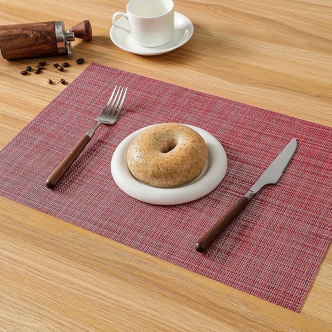 Leetaltree Red Placemats Set of 6 - Heat Resistant Non-Slip Place mats for Dining Table, Washable Durable PVC Vinyl Woven Table Mats