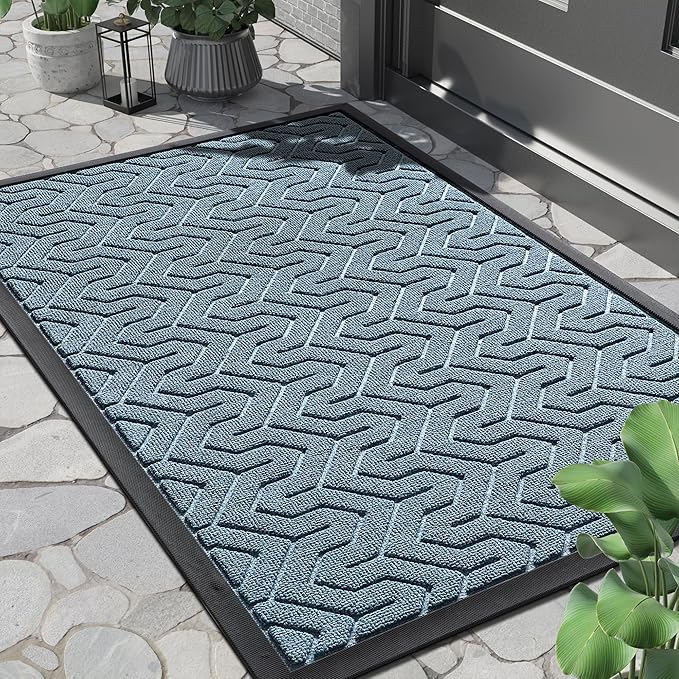 Yimobra Front Door Mat Outside Entrance 29.5x17, Waterproof Heavy Duty Outdoor Mats for Front Door, Non Slip Rubber Entry Mat for Garage Patio Indoor, Mix Blue