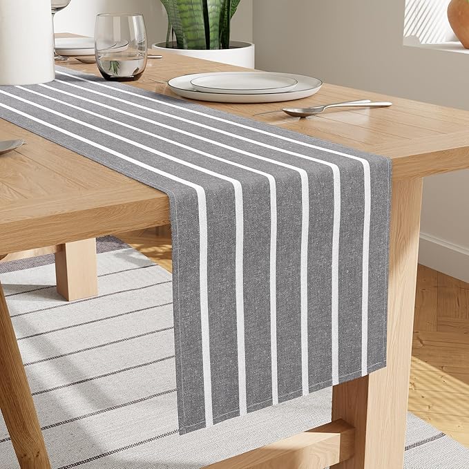 Encasa XO Cotton Dining Table Runner | Roma Grey Stripes | Size 13x118 in - Machine Washable & Durable