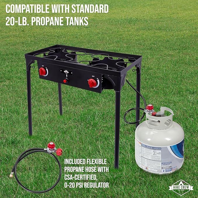 Hike Crew Auto Ignition Double-Burner Outdoor Gas Stove | 150,000 BTU Portable Propane-Powered Cooktop with Blue Flame Control, Removable Legs, Temperature Setting Knobs | Includes Hose & Regulator