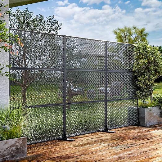 Casaphoria Metal Privacy Screen Outdoor, 72" H x 47" W Freestanding Decorative Privacy Screen for Patio Deck Balcony Garden with Stable Base, Black-Jason