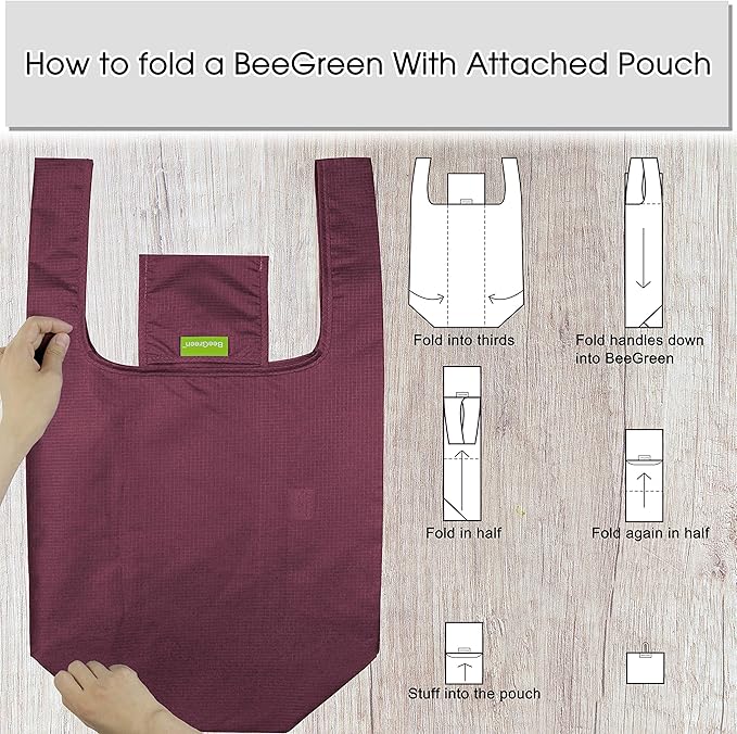 BeeGreen Purple Reusable Grocery Bags Wholesale Purple Reusable Kitchen Bags Bulk Foldable-Machine Washable with Zipper Storage Pouch 10 Packs