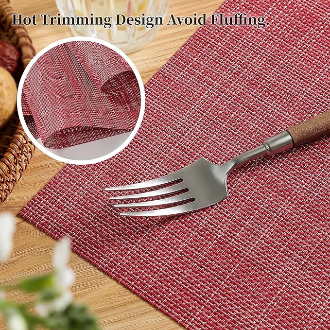 Leetaltree Red Placemats Set of 6 - Heat Resistant Non-Slip Place mats for Dining Table, Washable Durable PVC Vinyl Woven Table Mats