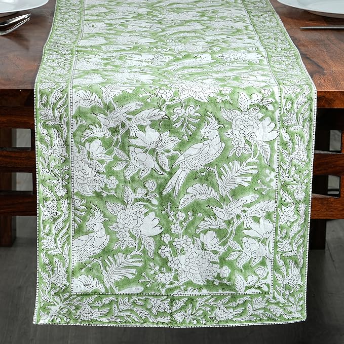 CPC Cotton Table Runner 16x90 Inch Block Printed Long Fall Table Runner for Dining Table, Card Table, Coffee Table, Wedding, Farmhouse & Outdoor Barbeque-Olive Green