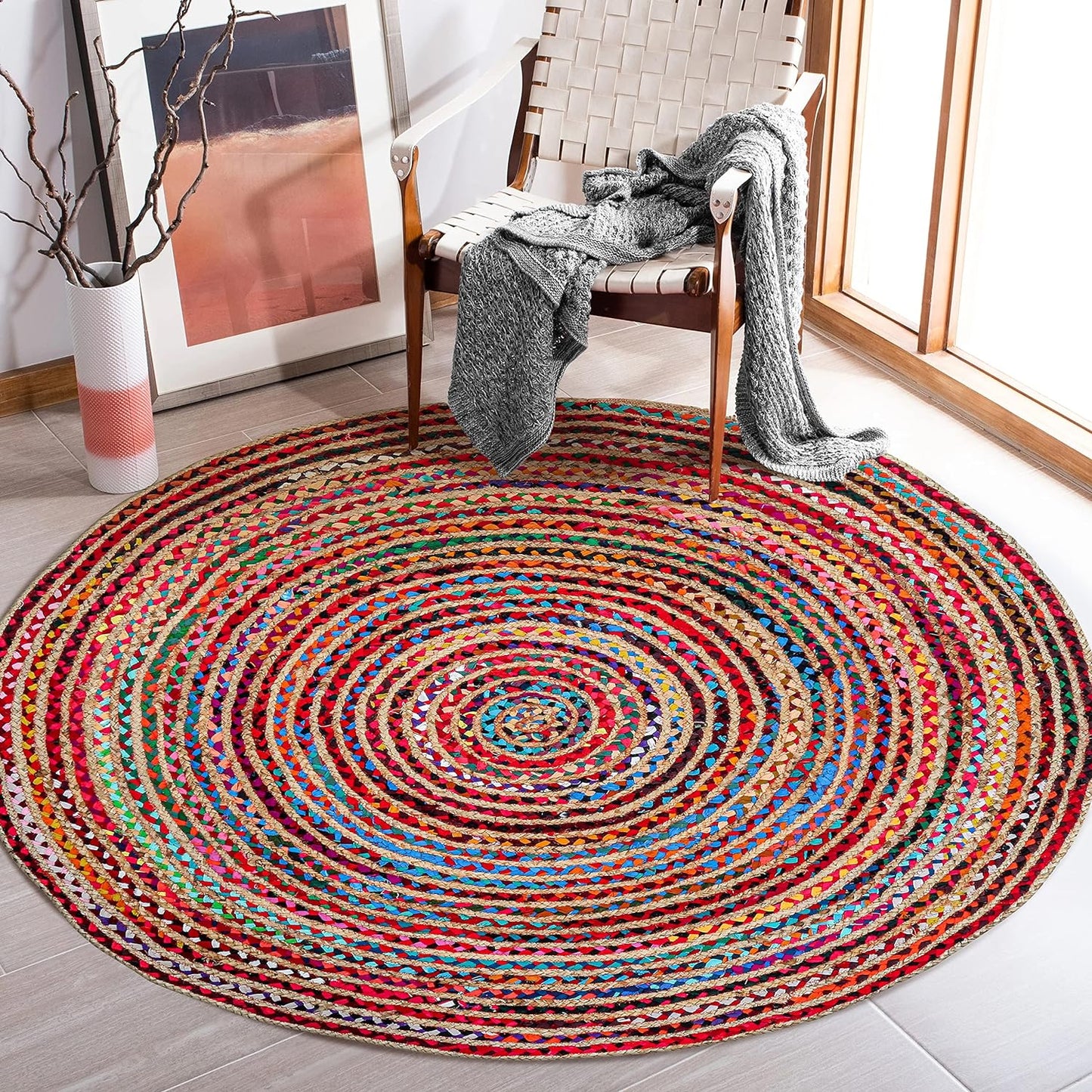 3' Round Handwoven Jute Chindi Area Rug - Colorful Boho Rugs for Living Room - Hand Braided Multicolor Bohemian Rug for Farmhouse, Bedroom, Dining Room, Classroom, Hallway, Kitchen, Office