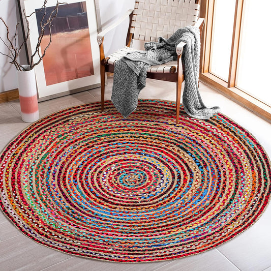 4' Round Handwoven Jute Chindi Area Rug - Colorful Boho Rugs for Living Room - Hand Braided Multicolor Bohemian Rug for Farmhouse, Bedroom, Dining Room, Classroom, Hallway, Kitchen, Office