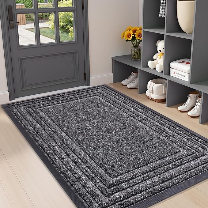 Buganda Front Door Mat Indoor Outdoor Entrance, Non-Slip Natural Rubber Doormats, Easy Clean, Low Profile, Dirt Trapper Entryway Floor Mats for Outside, Garages and Patios, 47x32, Silver Grey