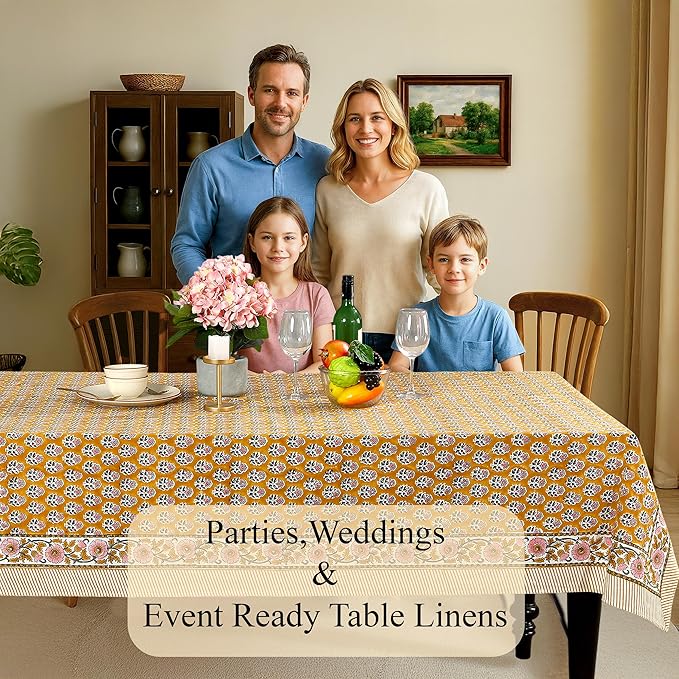 CPC Tablecloth 100% Cotton 60x90 Inch Indian Block Print Rectangle Table Cover, Washable Table Cloth for Weddings, Spring/Summer, Barbeque -Yellow Citrine