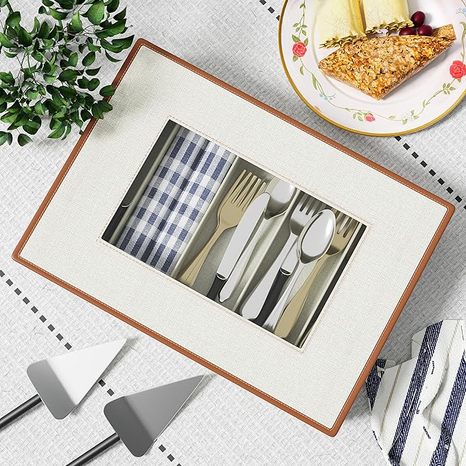 Aokeyee 2 Pack Silverware Storage Box, Sturdy Flatware & Utensil Storage Case with Adjustable Dividers, 5 Compartment Silverware Organizer with Lid and Handle for Utensil, Flatware, Knives, Ivory