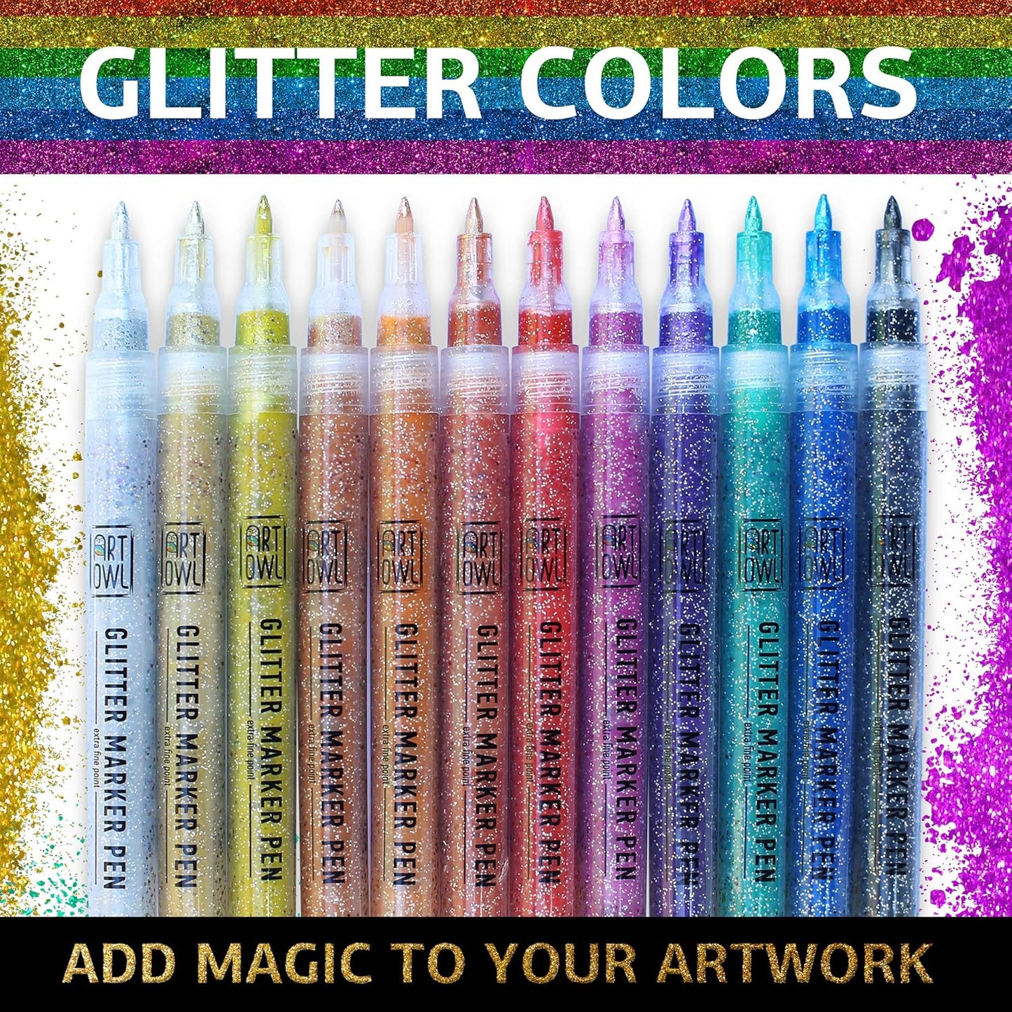 Acrylic Glitter Paint Marker Pens, Ultra Fine Point 0.7mm - Sparkle Paint Pens for Rock Painting, Stone, Ceramic Glass, Wood, Card Stock, Canvas, DIY Crafts - Set of 12