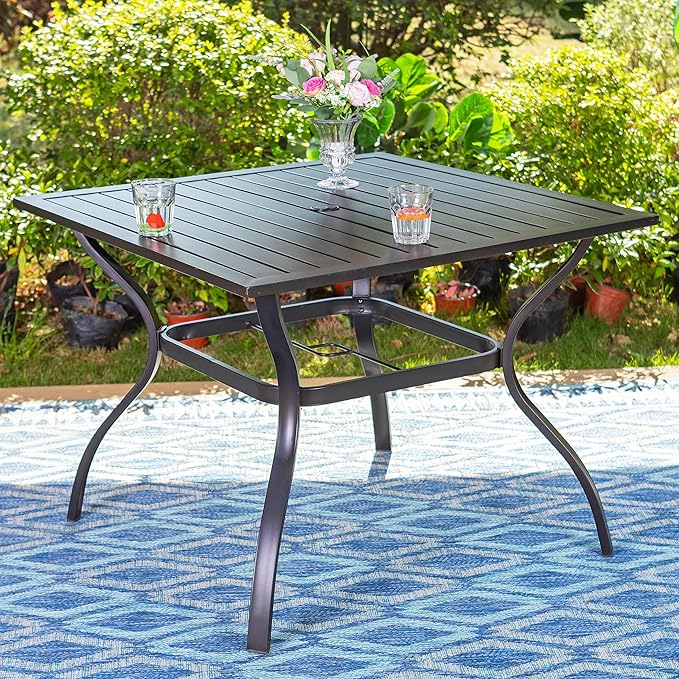 Sophia & William Outdoor 6 Pieces Dining Set with 4 Rattan Chairs, 1 Metal Table and 1 10ft 3 Tier Auto-tilt Umbrella(No Base) Orange Red, Modern Patio Furniture for Poolside, Porch, Patio, Balcony