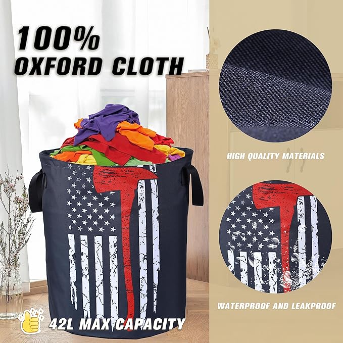 American Flag Red Line Ax Laundry Basket Firemen Foldable Oxford Cloth Funny Tote Bag Laundry Hamper Clothes Storage Bucket Organizer For Bathroom/Laundry Storage /Bedroom17.7x13.7Inch