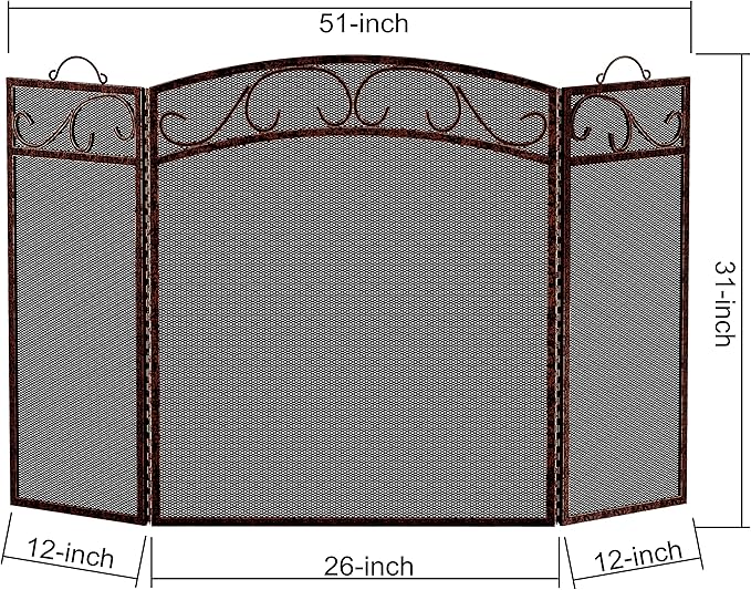 Fire Beauty Fireplace Screen 3 Panel with Handles Wrought Iron 51"(L) x31(H) Spark Guard Cover(Brushed Copper)