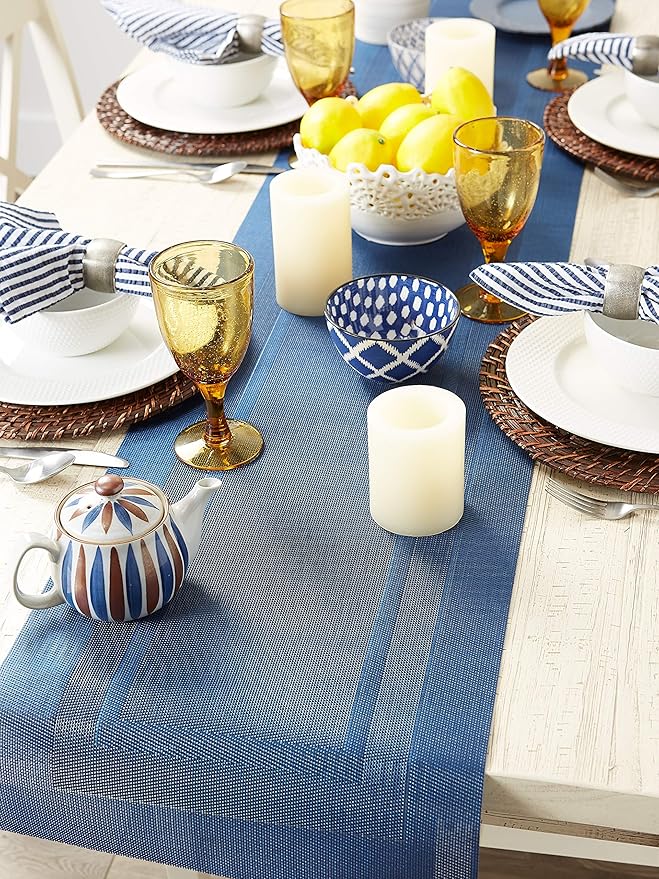 DII PVC Tabletop Collection Woven Indoor/Outdoor, Table Runner, 14x72, Nautical Blue