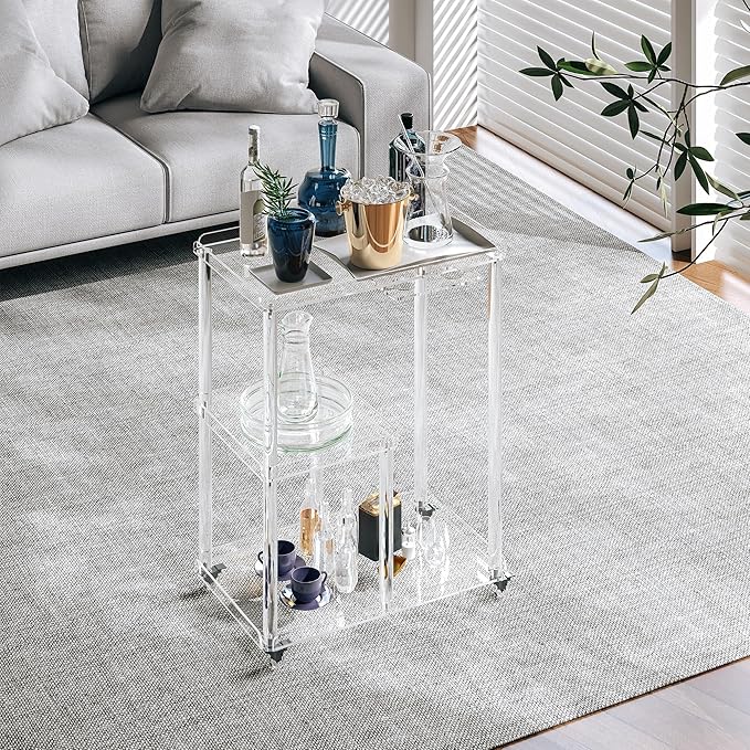 Dethan Acrylic Bar Cart with Lockable Wheels, 3 Tier Clear Serving Cart with Glass Holder, Rolling Beverage Cart for Home, Kitchen, Dining Room, Portable Mobile Bar Trolley for Small Spaces