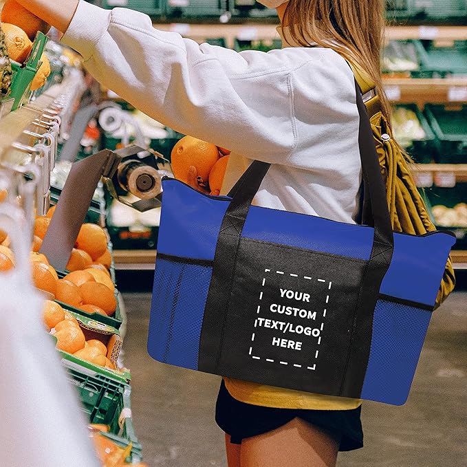 DISCOUNT PROMOS 10 Zippered Non-Woven Tote Bags Set - Customizable Text, Logo - Mesh Pocket, Zippered, Recyclable, Reusable - Blue - 19"X14"X3", with Zipper