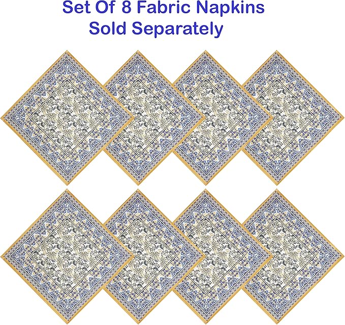 Home Bargains Plus Rectangle Fabric Napkins, Set of 8 Napkins, Allure Yellow and Blue Floral Bordered Print, Indoor Outdoor Stain and Water Resistant Napkins, Provence French Country
