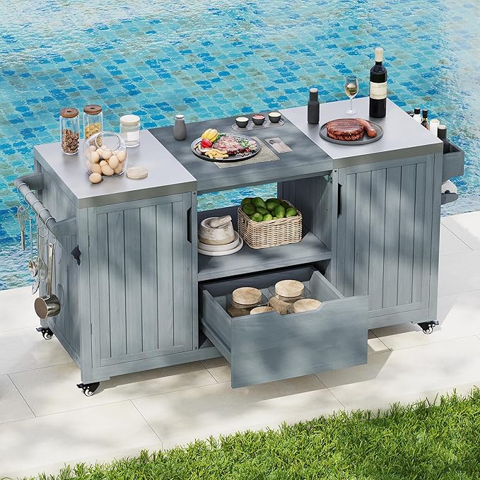 66.5" Outdoor Kitchen Island with Stainless Steel Top for Big Green Egg, Rolling Grill Cart with Adjustable Shelves, Lockable Wheels, Outdoor Table and Bar Storage Cabinet for Patio